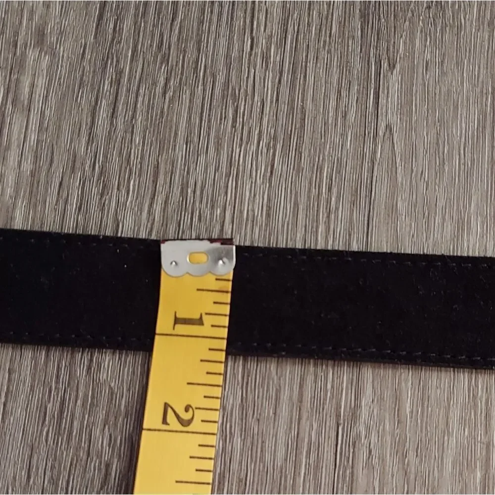 Black Suede Belt with Red, Black, and Silver-tone Geometric Buckle XS